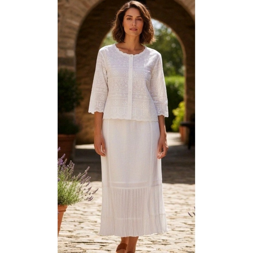 Karavan Dress Skirt Set Womens 6P Boho Embroidered Cottagecore White Minimalist
